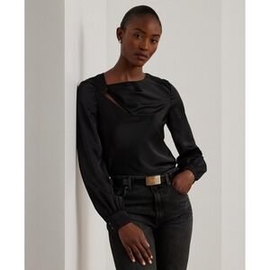 Lauren Ralph Lauren Women Cutout Satin Charmeuse Blouse XL Black Asymmetrical